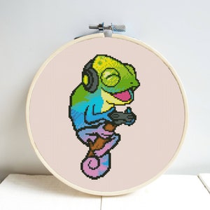 Chameleon Let&#39;s play Cross Stitch Pattern DMC Chart Two Color Variations Needlepoint Embroidery Chart Printable PDF Instant Download