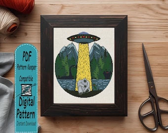 UFO Cryptid Cross Stitch Pattern PDF, Bigfoot Abduction Alien Embroidery Chart, Funny Loch Ness Monster & Mothman Halloween Digital Download