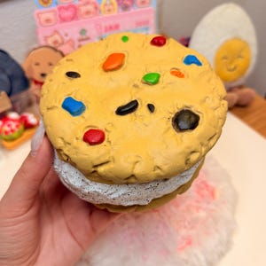 May include: A round cookie sandwich featuring two golden-brown cookie halves embedded with colorful candy pieces, separated by a thick layer of white cream filling speckled with small black dots, creating a textured, layered dessert-themed object.