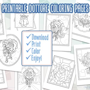 Peut inclure: Plusieurs pages à colorier imprimables de Dottore. L'image présente diverses illustrations en noir et blanc de personnages, avec les mots "Télécharger, Imprimer, Colorier, Profiter !" et "Téléchargement instantané".