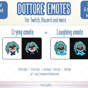Puede incluir: Emoticones digitales para Twitch, Discord y más. La imagen presenta dos conjuntos de emoticonos: un emoticono llorando y un emoticono riendo. Cada emoticono tiene un personaje con pelo turquesa y una máscara. El texto "DOTTORE EMOTES" está en la parte superior.