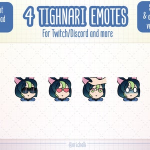 Puede incluir: Descarga digital con cuatro emotes de Tighnari para Twitch y Discord. Los emotes incluyen un personaje con gafas de sol, corazones en los ojos, una mano en la cabeza y una expresión de sorpresa. El texto "Descarga instantánea" está incluido.