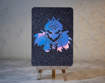Capitano sparkling illustration with iridescent cut-out design - Genshin Impact Fatui Harbinger handcrafted small poster, gift for Christmas