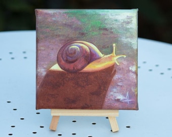 Miniature oil painting Snail - Original Artwork on stretched canvas 12x12cm - Varnished