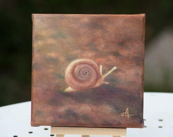 Miniature oil painting Snail - Original Artwork on stretched canvas 12x12cm - Varnished