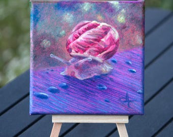 Miniature oil painting Snail - Original Artwork on stretched canvas 12x12cm - Varnished