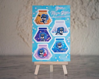 Foglio di adesivi di dottori in bottiglie magiche sul tema di Halloween, inverno, oceano, San Valentino e spazio