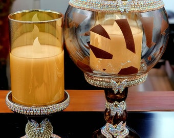 Handcrafted Flameless Candle Holder Set - Brown Etched Glass Remote Candle Centerpiece for Elegant Home Decor & Housewarming Gifts".