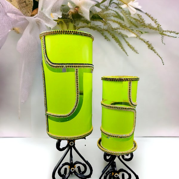 Key Lime Green Glam Vases with Stands| Table Centerpiece Handcrafted |Emerald Green Candle Holder Set - Wedding Décor