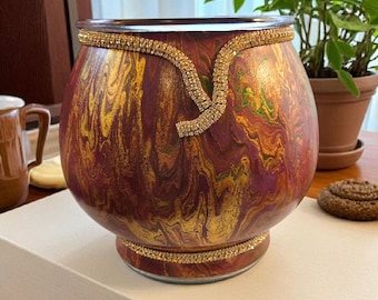 Handcrafted Burgundy & Gold Marble Art Glass Vase with Rhinestone Trim