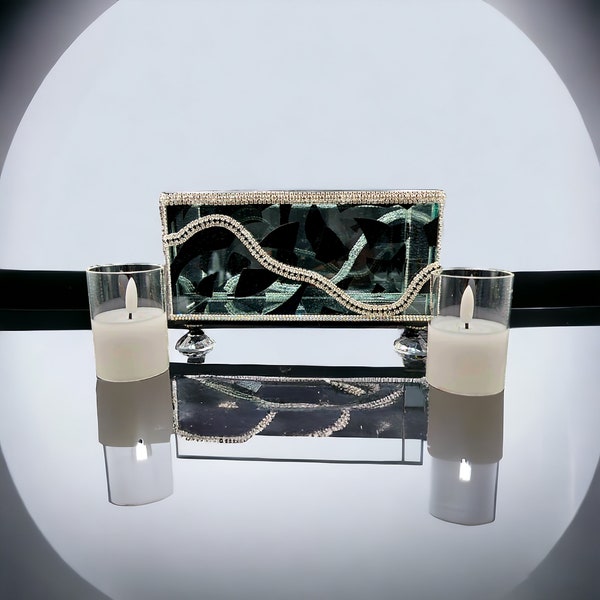 Unique Handcrafted Black Etched Oblong Glass Vase - Flameless Candle Holder Centerpiece- Chic Vanity Tray Home Décor.