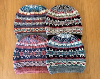 Fair Isle Patterned Assorted Hand-Knitted Snug Fitting Beanie Hats - Adult