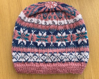 Fair Isle Patterned Assorted Hand-Knitted Snug Fitting Beanie Hats - Adult