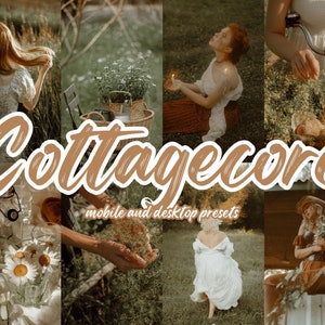 May include: A collage of images with a cottagecore theme. The images feature a woman in a white dress, a bicycle, flowers, and a rustic setting. The text "Cottagecore" is written in a brown font over the images. The text "mobile and desktop presets" is written in a smaller font below the word "Cottagecore".