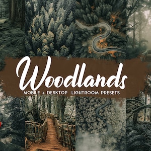 Könnte beinhalten: Eine Collage aus Bildern mit üppigen grünen Wäldern, kurvigen Straßen und moosigen Bäumen. Der Text "Woodlands Mobile + Desktop Lightroom Presets" ist in Weiß auf braunem Hintergrund dargestellt.