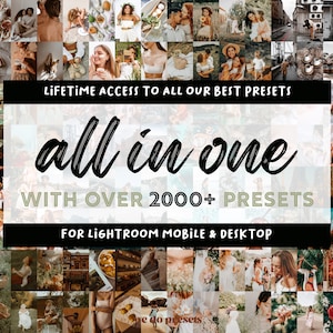 May include: A collage of images showcasing a variety of photography presets. The text "all in one" is displayed in large, bold letters, along with the phrase "with over 2000+ presets" and "for Lightroom mobile & desktop".