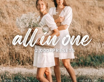 May include: Two women wearing white dresses stand in a field of tall grass. The woman on the left is holding a wicker basket filled with white flowers. The text "all in one 2,000+PRESETS" is written in white on a brown background.