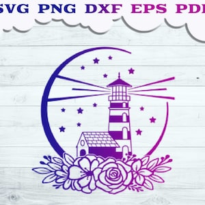 Floral Lighthouse SVG, Lighthouse svg, Lighthouse with Flower svg, Beach scene svg, Sea Lighthouse svg, Nautical Lighthouse svg, png, dxf