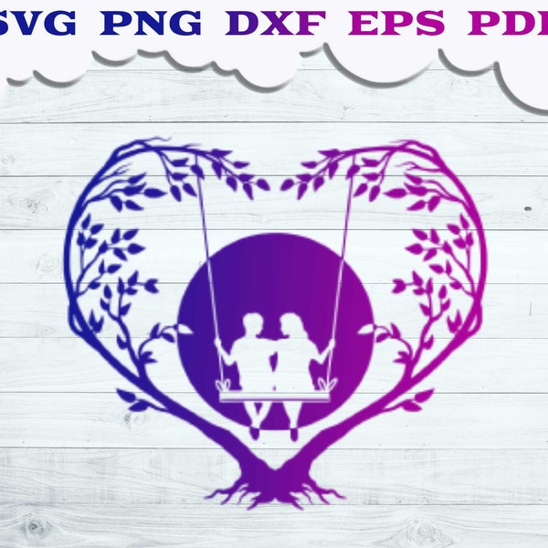 Love swing with Moon SVG, Girl and Boy on Tree swing svg, Tree of Love Svg, Fall in Love svg, Love Swing svg, Swing Silhouette, Romantic svg