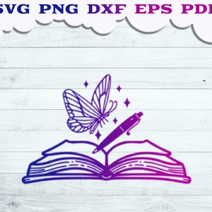 Writing Book SVG, Book with Butterfly and Pen svg, Book illustration, Novelist svg, Classroom wall decor, Book lovers svg, Author svg