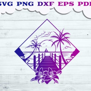 Beach SVG, Beach scene Svg, Sea Summer Svg, Beach with Square Frame svg, Sea Scene svg, Svg for Cricut, Palm tree svg, Beach Sublimation