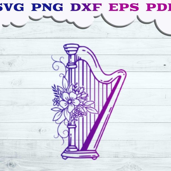 Harp SVG file, Floral Harp svg, Flower Harp Svg Cut file, Harp png, Musical Instrument, Orchestra Logo, Musical Equipment svg, Music Lover