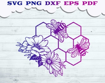 Floral Honey Bee SVG, Honey Comb with Flower svg, Honey Comb Cut file, Honey Bee svg, Floral Bee svg, Bee Cut file, Bee svg, Insect svg