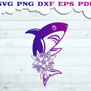 Floral Hai svg, Hai SVG, Hai mit Blume svg, schwarzer Hai svg, Hai Fisch svg, Hai Silhouette, Fisch Clip art, lustige Hai svg, png