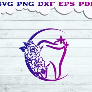 Arquivo SVG de dente de flor, dentista floral svg, dente floral com lua svg, decoração de parede de dentista, arquivo de corte de dentista, mãe de dentista svg, dentista de flores