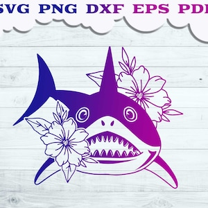 Tiburón SVG, Tiburón con flor svg, Tiburón floral svg, Lindo tiburón svg, Tiburón pez svg, Silueta de tiburón, Divertido pez svg, png, Pescado Clip art