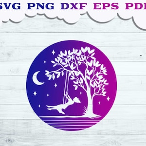 Girl on Tree swing svg, Night swing silhouette, Swing Wall decor, Night swing scene svg, Tree swing svg, Tree swing Clip art, Swing svg