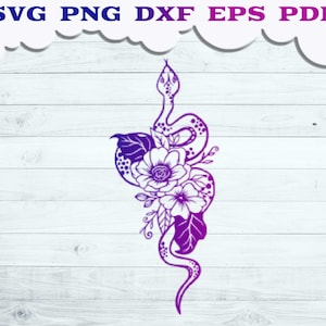 Floral Snake SVG File, Snake Cut file, Snake with Flower svg, Snake silhouette, Snake with Rose svg, Snake svg, Reptile svg, Animal svg