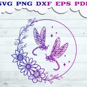 Flower Dragonfly SVG file, Celestial Dragonfly svg, Floral Dragonfly with Circle Frame svg, Dragonfly svg, Dragonfly Wall decor, Insect svg