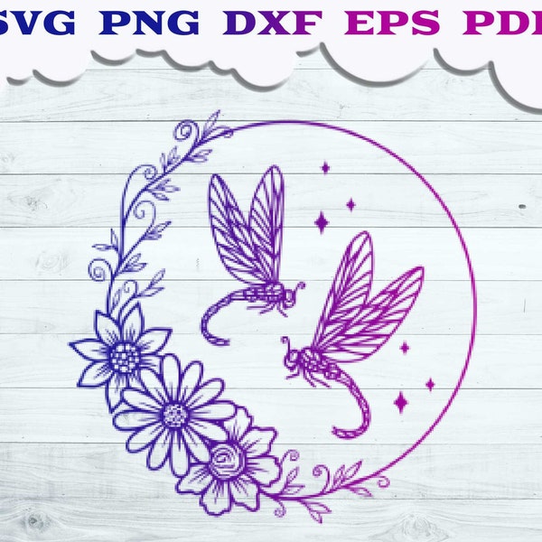 Flower Dragonfly SVG file, Celestial Dragonfly svg, Floral Dragonfly with Circle Frame svg, Dragonfly svg, Dragonfly Wall decor, Insect svg