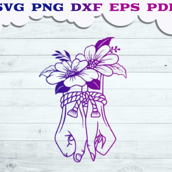 Floral gebundene Hände paar SVG-Datei, Hände mit Blumen svg, Hände paar svg, gebundene Hände svg, Floral Hand svg, Seil svg, Hand svg, Blume svg