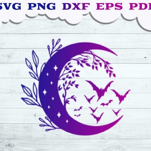 Flying Bats with Moon SVG, Spooky Bats svg, Halloween Bats svg, Night scene svg, Halloween wall decor, Nocturnal svg, Halloween sign