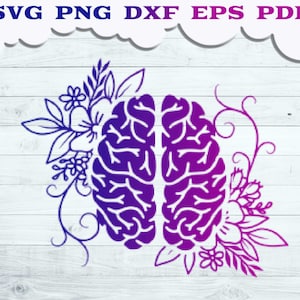 Brain SVG file, Floral Brain svg, Human Brain with Flower svg, Flower Brain svg, Anatomy design svg, Awareness svg, Medical Clip art, png