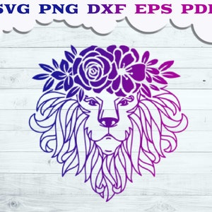 Plik SVG Lion, Floral Lion SVG, Lion Head SVG, Lion Face SVG, Wild life SVG, Lion Cut file, Floral Crown, Animal Face, Lion with Flower
