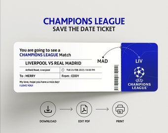 Uefa Champions League Personalized Football Match Voucher PDF Instant Download - Editable Suprise Ticket - Souvenir Keepsake Tickets