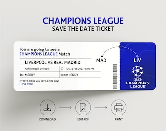 Uefa Champions League Personalized Football Match Voucher PDF Instant Download - Editable Suprise Ticket - Souvenir Keepsake Tickets