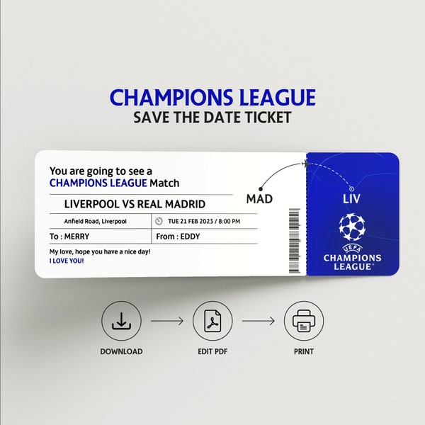 Uefa Champions League Personalized Football Match Voucher PDF Instant Download - Editable Suprise Ticket - Souvenir Keepsake Tickets