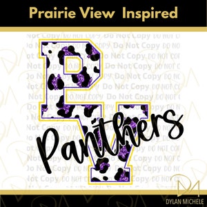 Könnte beinhalten: Ein digitales Design mit den Buchstaben "PV" in einem weißen und schwarzen Kuhmuster mit violetten Glitzerakzenten. Die Buchstaben sind in Gold umrandet und das Wort "Panthers" ist in schwarzer Kursivschrift unter den Buchstaben geschrieben.