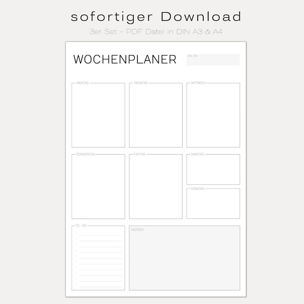 Wochenplaner DIN A3 und A4 | Home Office | To-Do Liste | digitaler DOWNLOAD | druckbare Vorlage | minimalistisch und schlicht | deutsch