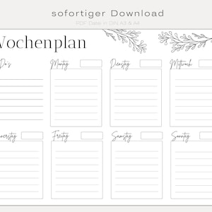 Weekly planner DIN A3 and A4 | digital DOWNLOAD | home office | To-do list simple | minimalist lineart branch leaf | German