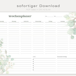 Weekly planner DIN A3 and A4 | To-do list for family in German 2023 | digital DOWNLOAD PDF | soft silver-green eucalyptus | minimal