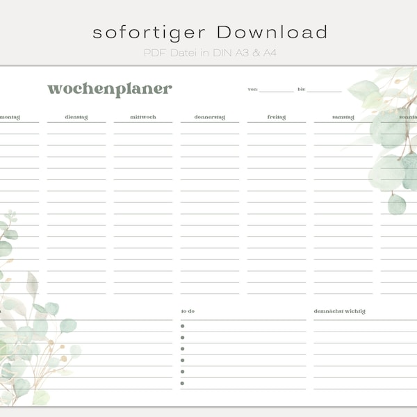 Weekly planner DIN A3 and A4 | To-do list for family in German 2023 | digital DOWNLOAD PDF | soft silver-green eucalyptus | minimal