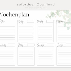 May include: A printable weekly planner with a simple design. The planner has a section for "To Do's" and then seven columns for each day of the week: Monday, Tuesday, Wednesday, Thursday, Friday, Saturday, and Sunday. The planner has a light green watercolor background with eucalyptus leaves.