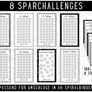 May include: Eight printable saving challenge charts for different amounts, including 16, 26, 56, 106, 206, 506, and a "Taschengeld" and "Kleingeld" challenge.  The charts are designed to fit A6 spiral binders.  The image also includes eight printable tracker sheets.