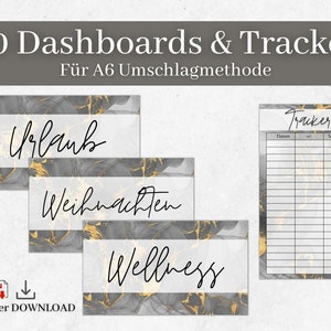 Könnte beinhalten: Drei druckbare A6-Dashboards mit Marmor- und Goldakzenten. Die Dashboards sind mit "Urlaub", "Weihnachten" und "Wellness" beschriftet. Ein separates druckbares Tracker-Blatt ist ebenfalls enthalten.