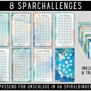 May include: Eight colorful saving challenge cards with different amounts to save, including 16¢, 26¢, 50¢, 106¢, 206¢, 306¢, and a Kleingeld Challenge. Each card has a watercolor background with gold accents. The cards are designed to fit in an A6 spiral binder. The image also includes eight tracker cards.
